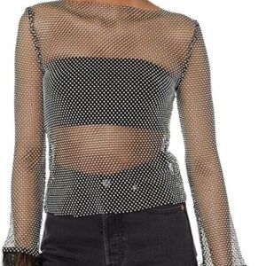 Charlize Black Mesh Rhinestone Long Sleeve Top